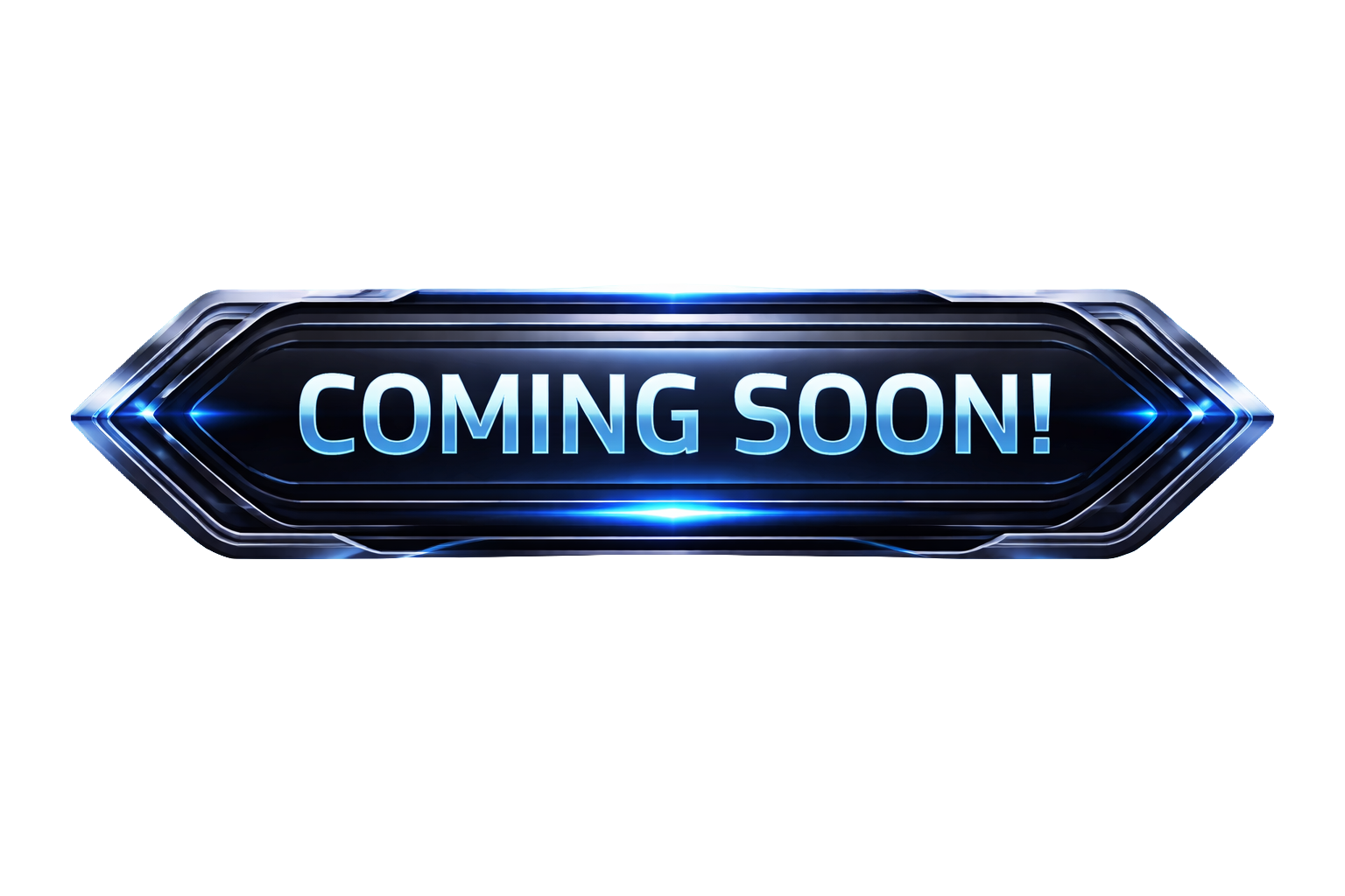 Futuristic digital sign with blue glow, displaying 'COMING SOON!' message on a black background.