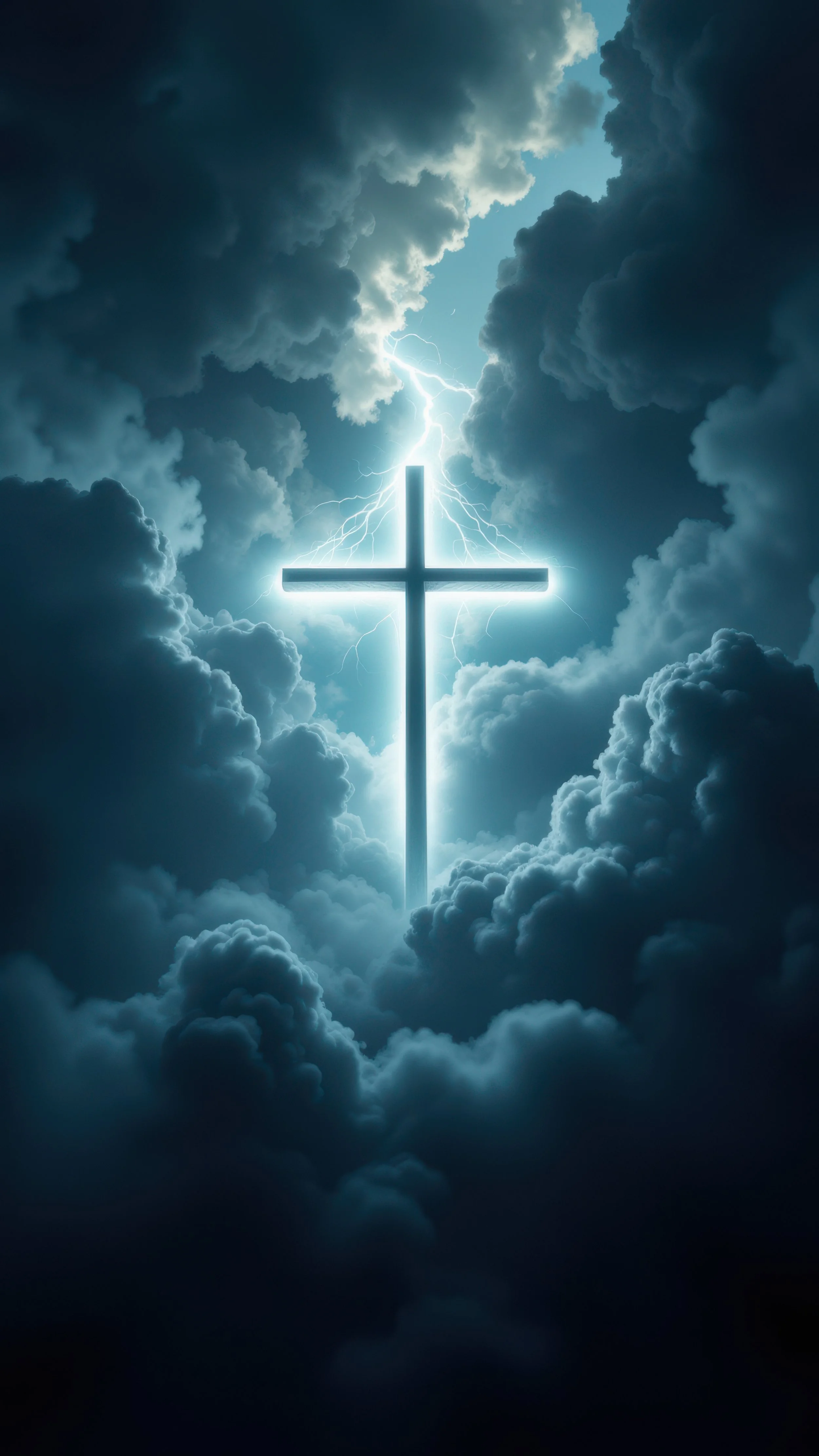A glowing cross surrounded by dark clouds with lightning and a faint moon in the background.