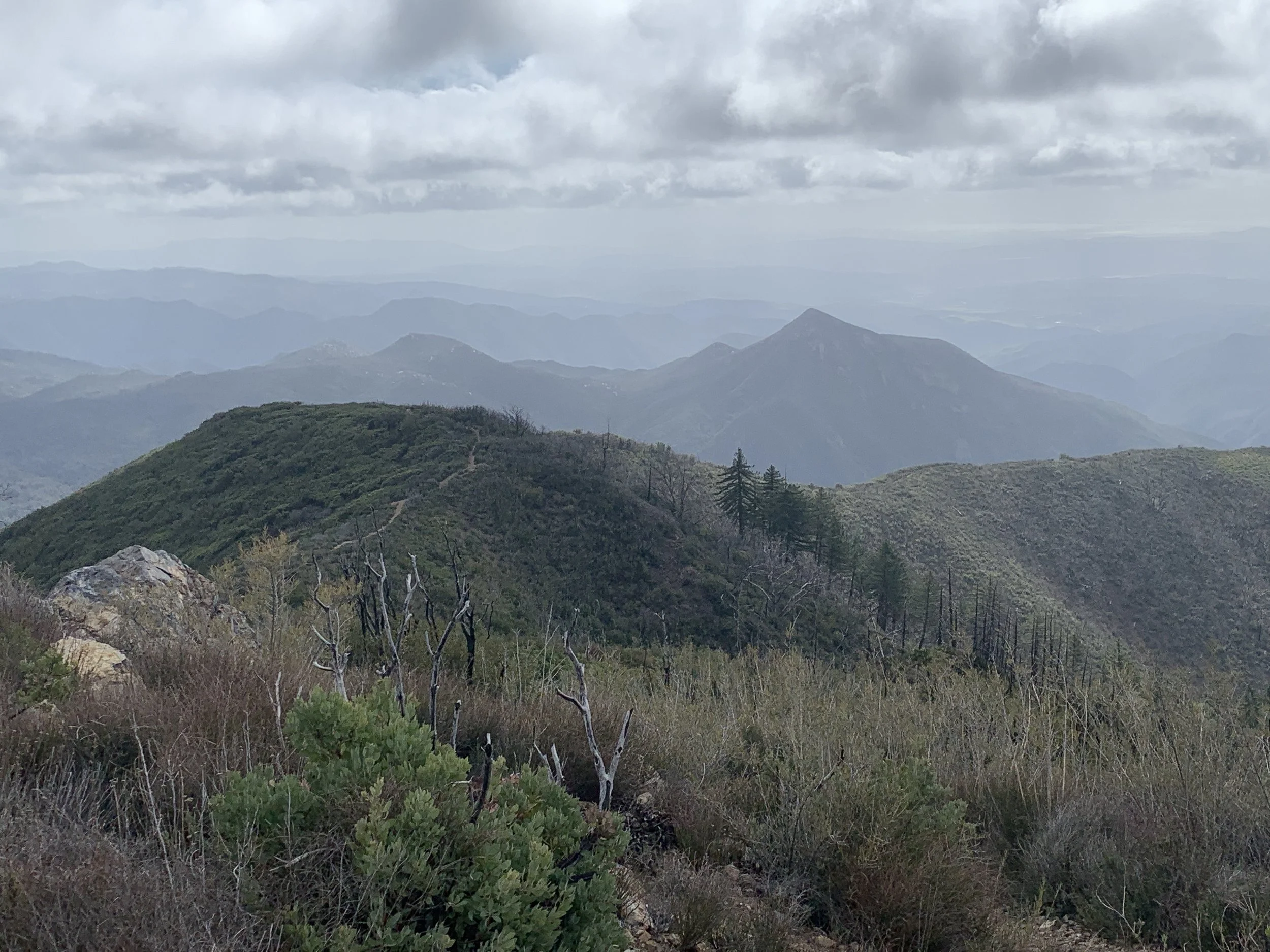 From the summit of Los Pinos Peak looking at the advanced singletrack ridgeline trail, the most challenging terrain to come.