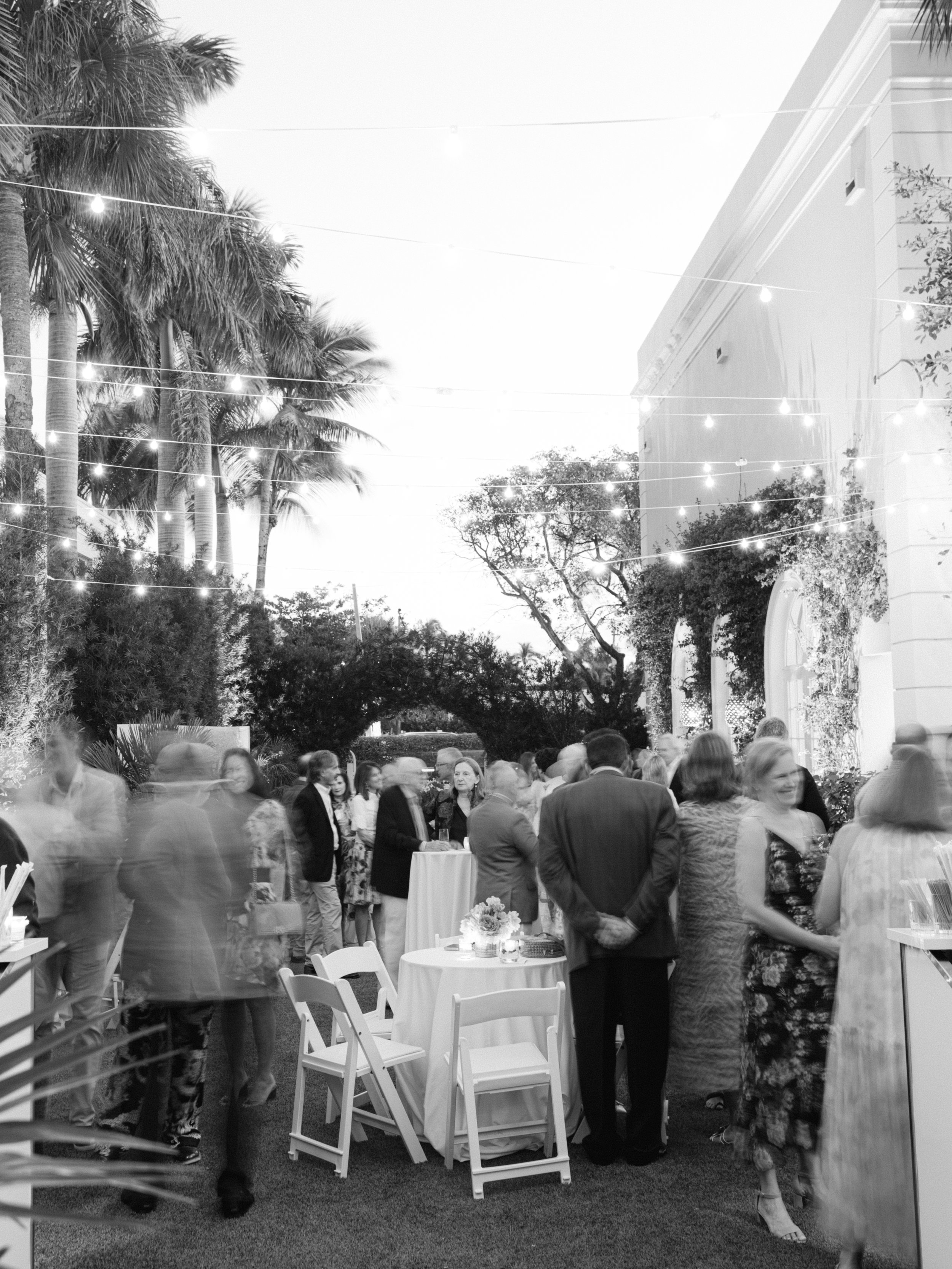 Outdoor evening gathering with people socializing under string lights, surrounded by trees and a large white building.