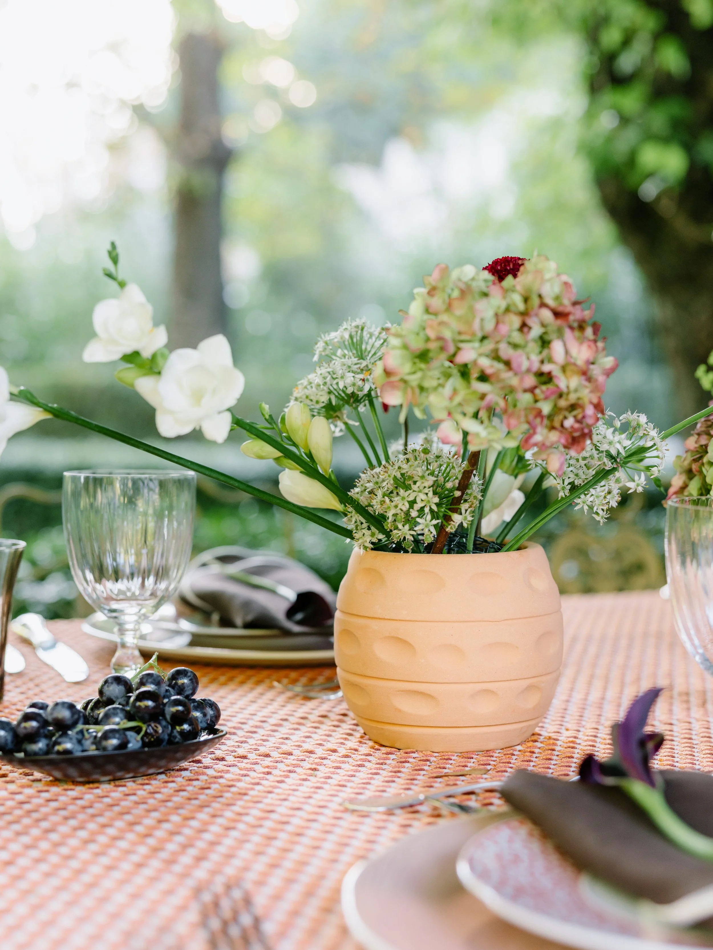 A table set outdoors with a terracotta flower pot holding pink, white, and green flowers, a plate of grapes, empty wine glass, and plates with napkins, against a blurred green natural background.