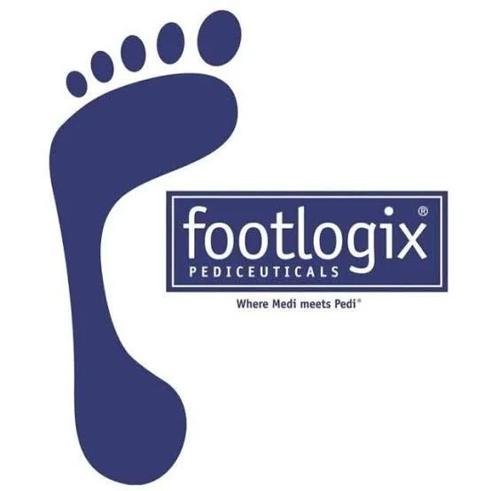 Logo of Footlogix Pediceuticals with a stylized dark blue footprint and the brand name in a dark blue box, and the slogan "Where Medi meets Pedi" below.