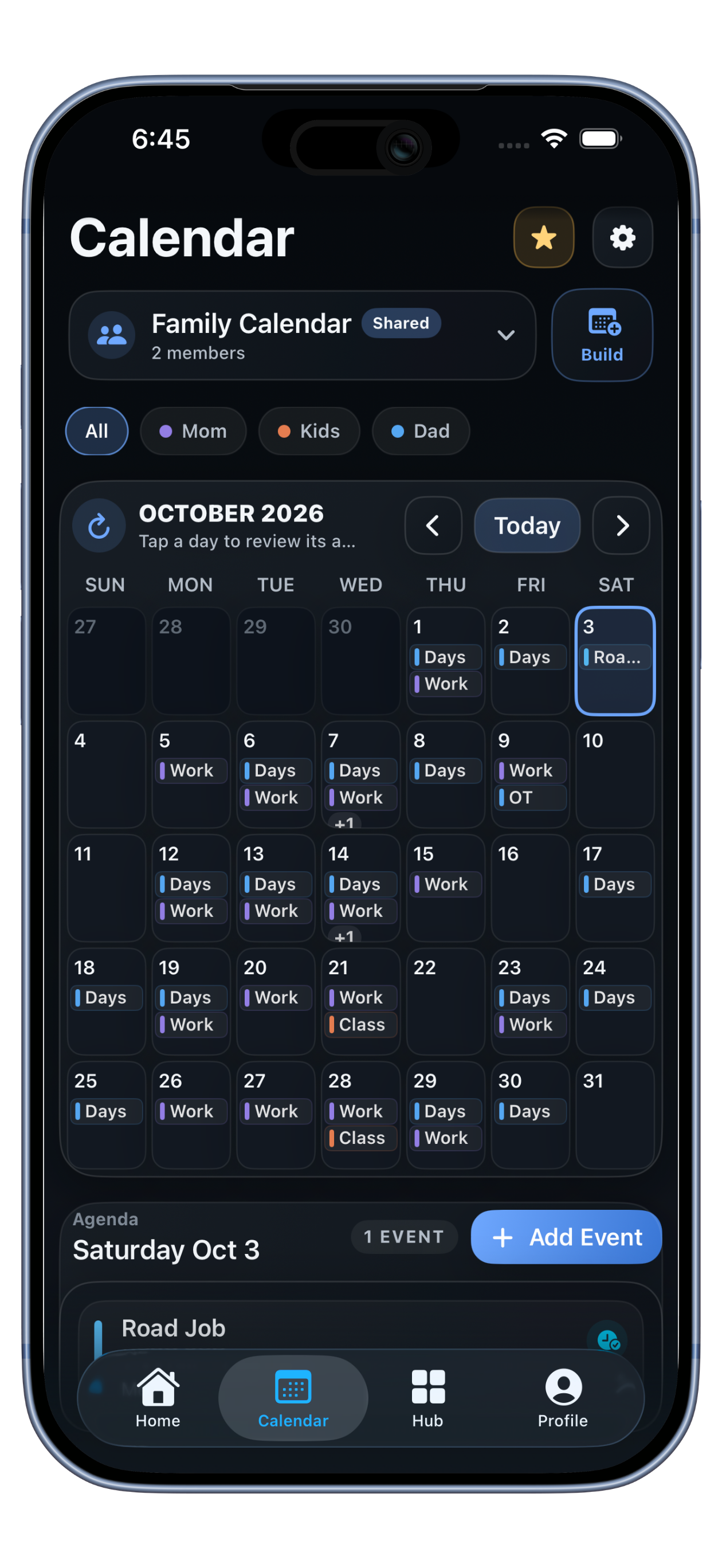 DutyWire shared family calendar showing work shifts and personal events