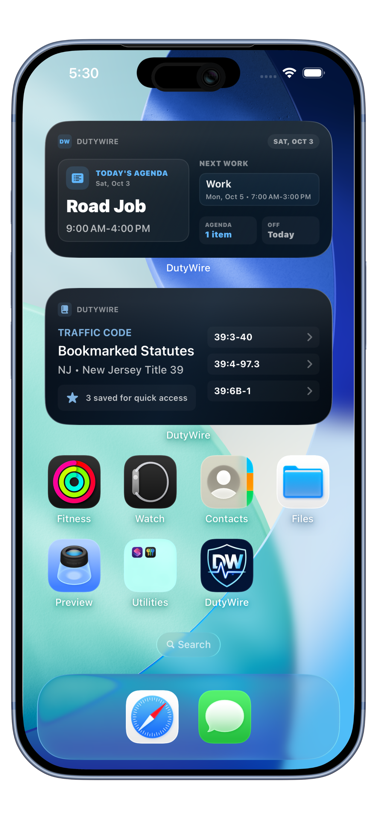DutyWire calendar widgets on an iPhone home screen