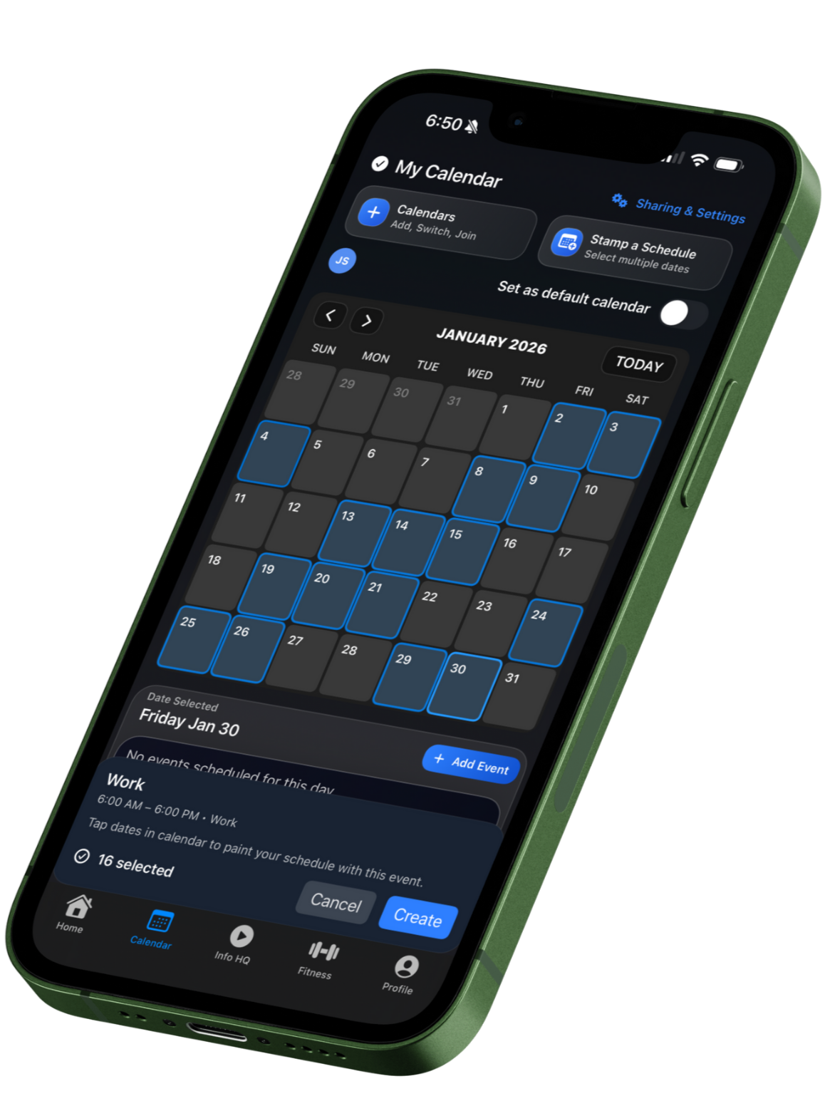 Smartphone display showing a digital calendar for January 2026 with scheduled work events on January 30th.