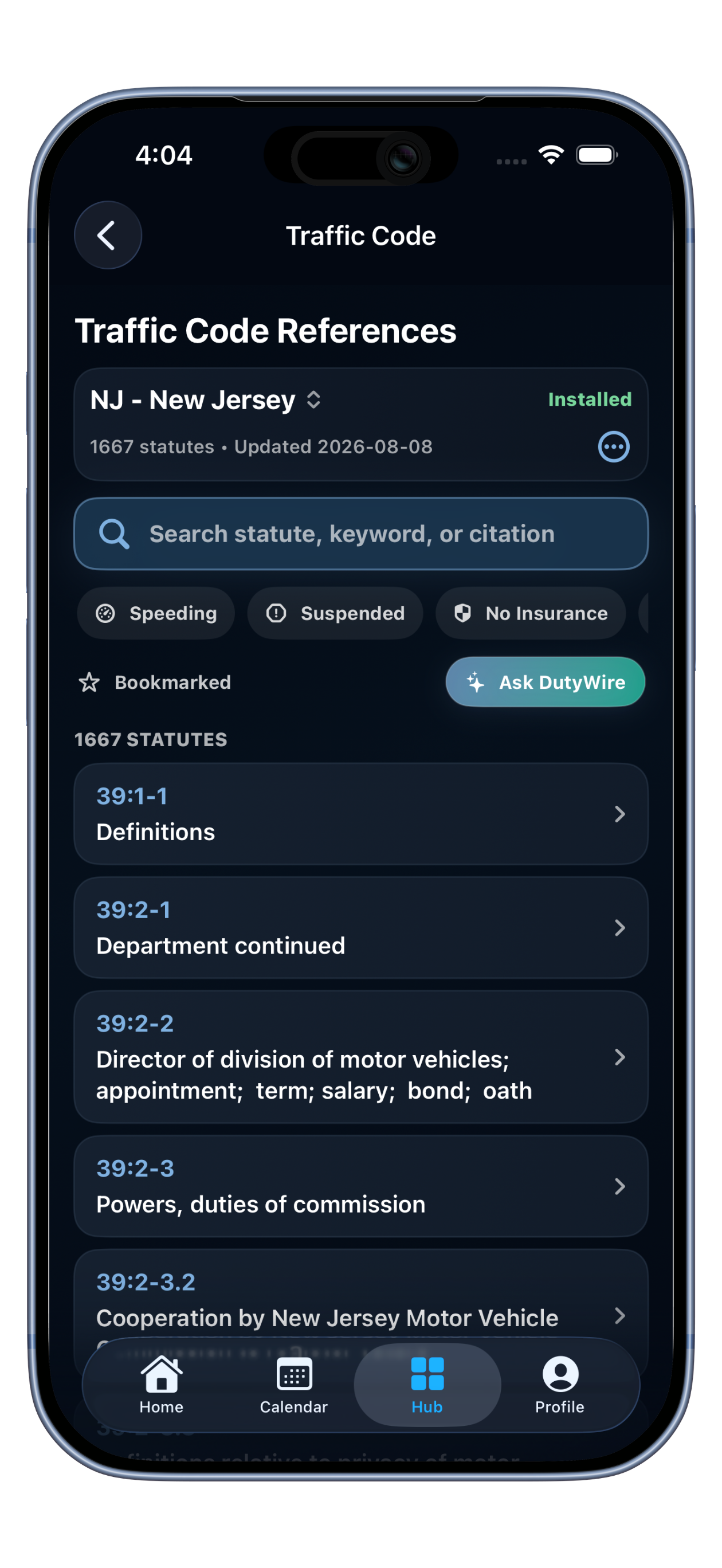 DutyWire Traffic Code search and statute references