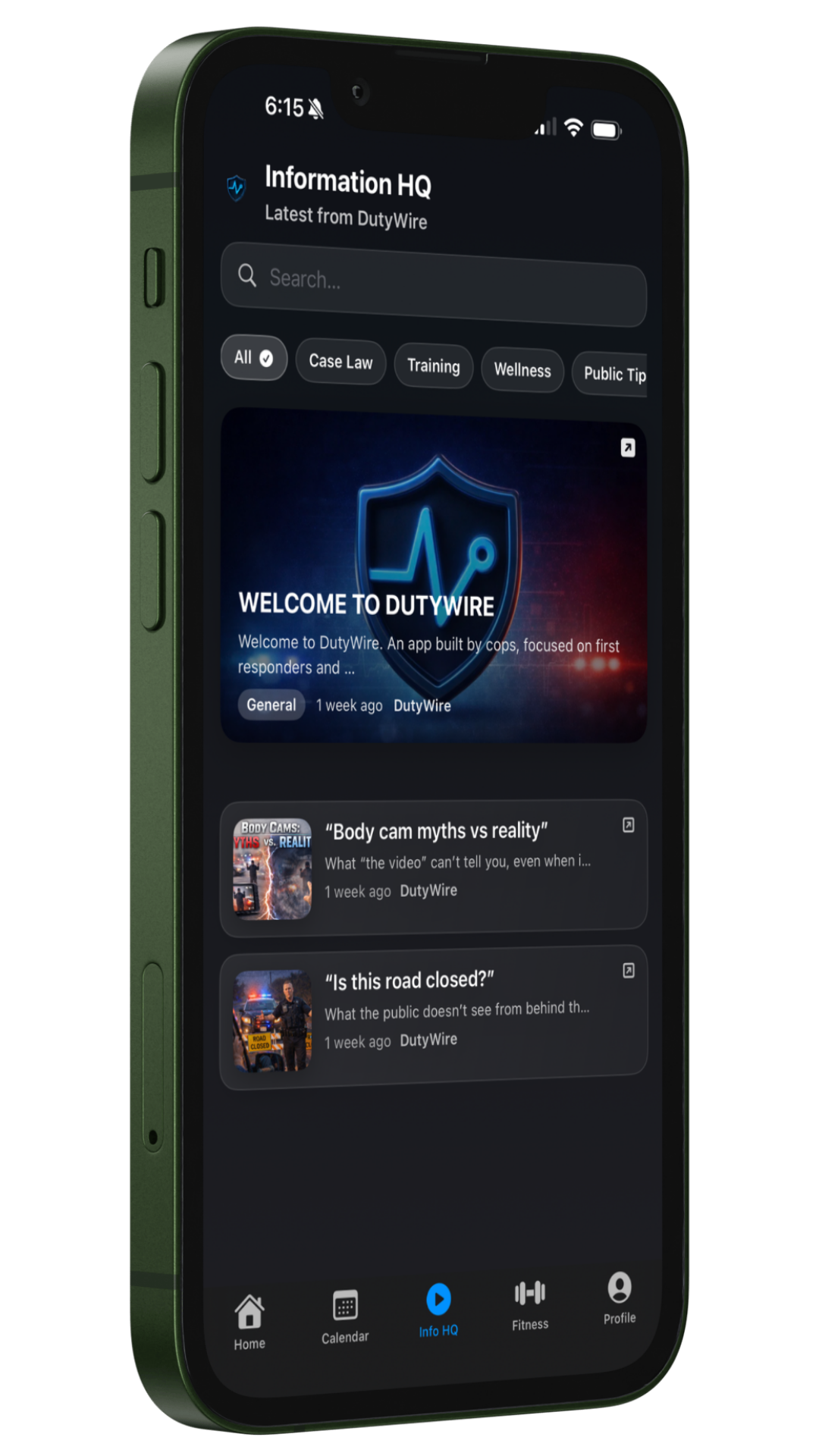 A smartphone screen displaying the DutyWire app with news and articles related to law enforcement, including sections for case law, training, wellness, and public tips, with a navigation menu at the bottom for Home, Calendar, Info HQ, Fitness, and Profile.