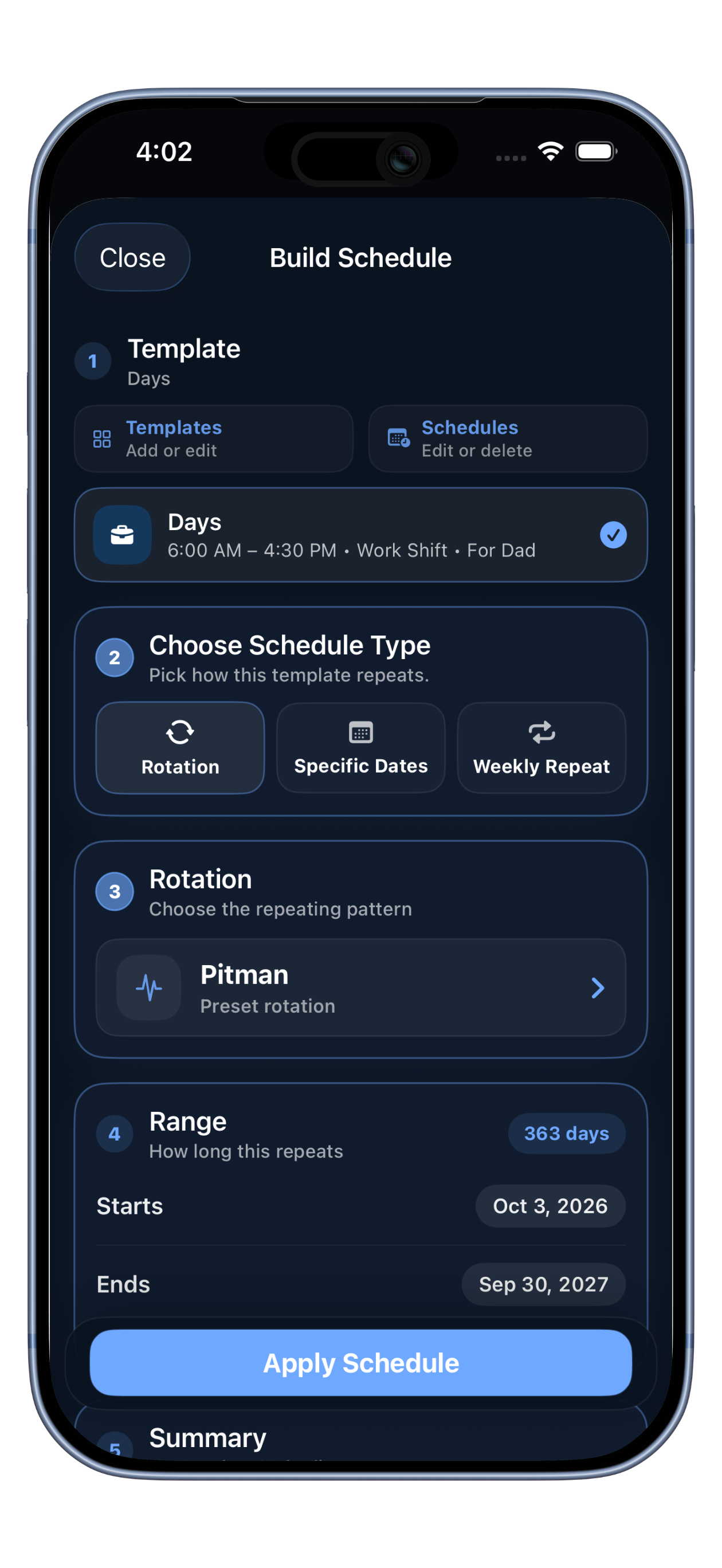 DutyWire Build Schedule screen with rotation and date range controls