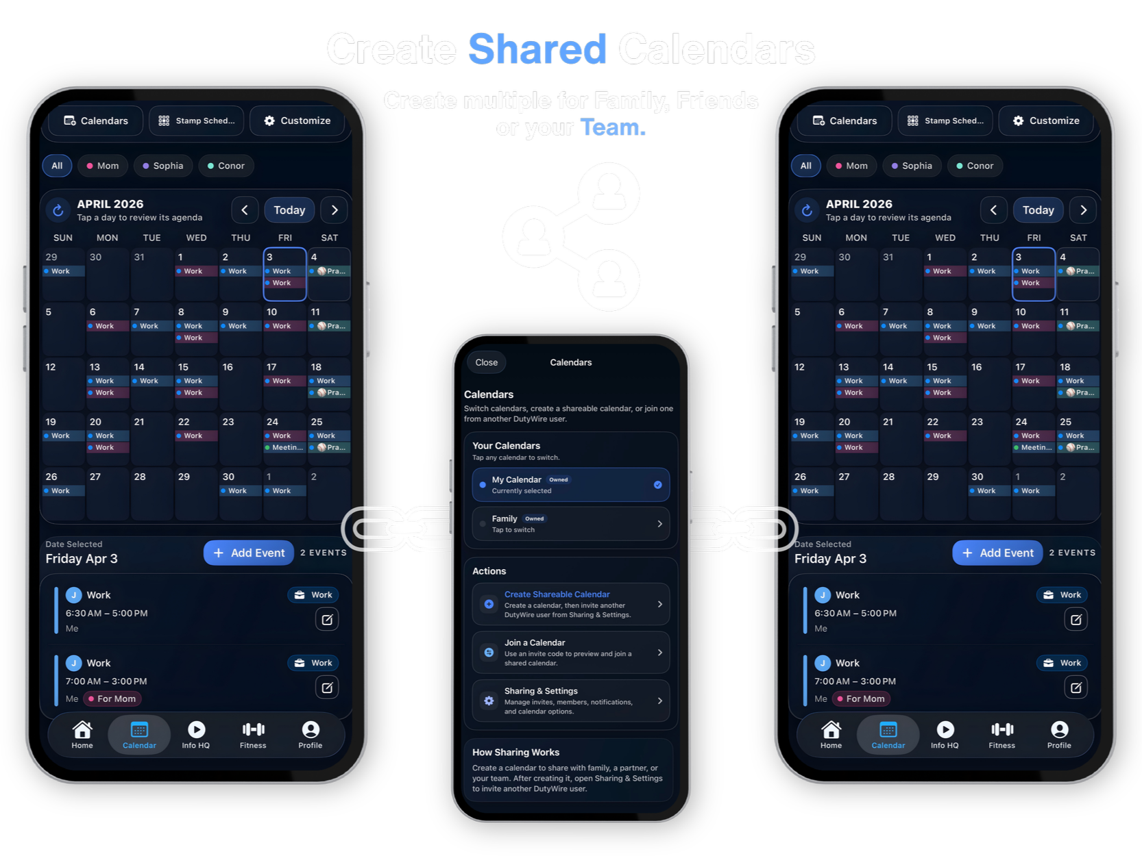 Screenshot of a mobile app for creating shared calendars. The app displays a calendar for April 2026 with scheduled work and personal events, and options to create and manage multiple calendars for family, friends, or teams. The display includes icons for navigation at the bottom, like Home, Calendar, Info HQ, Fitness, and Profile.