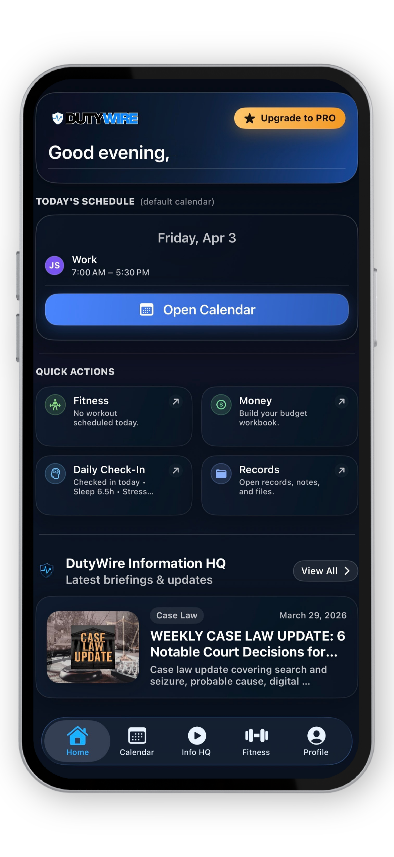 Mobile phone displaying a productivity app called DutyWire with schedule, quick actions, and news updates.