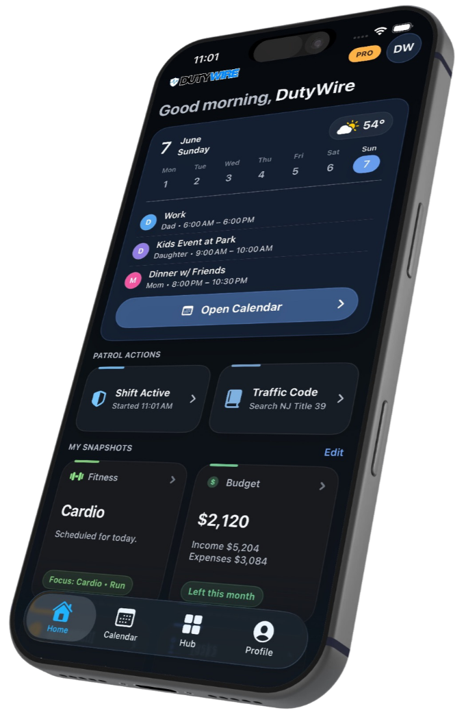 Smartphone screen displaying a personal task and health management app called DutyWire with calendar, task list, and fitness tracking features.