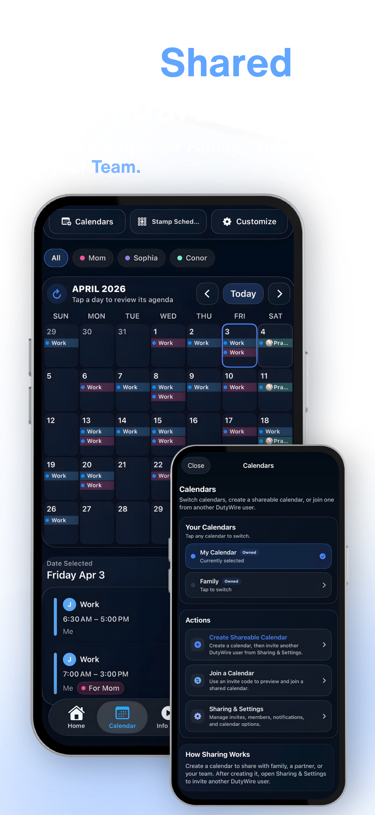 A digital calendar app showing appointments for April 2026, including work and practice schedules, with options to customize, view different calendars, and set sharing preferences.