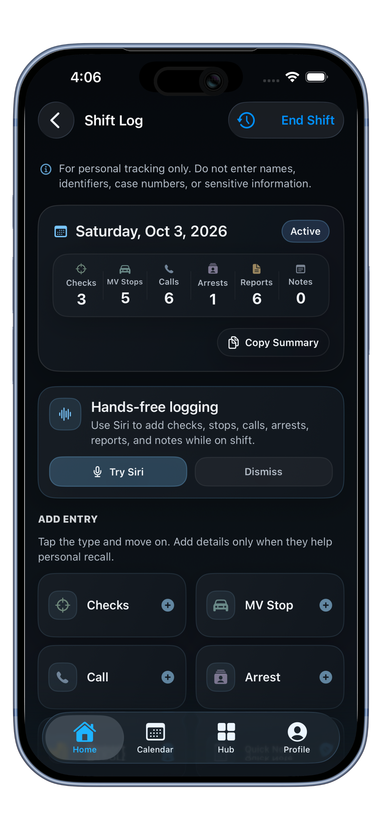 DutyWire Shift Log showing activity categories and entries