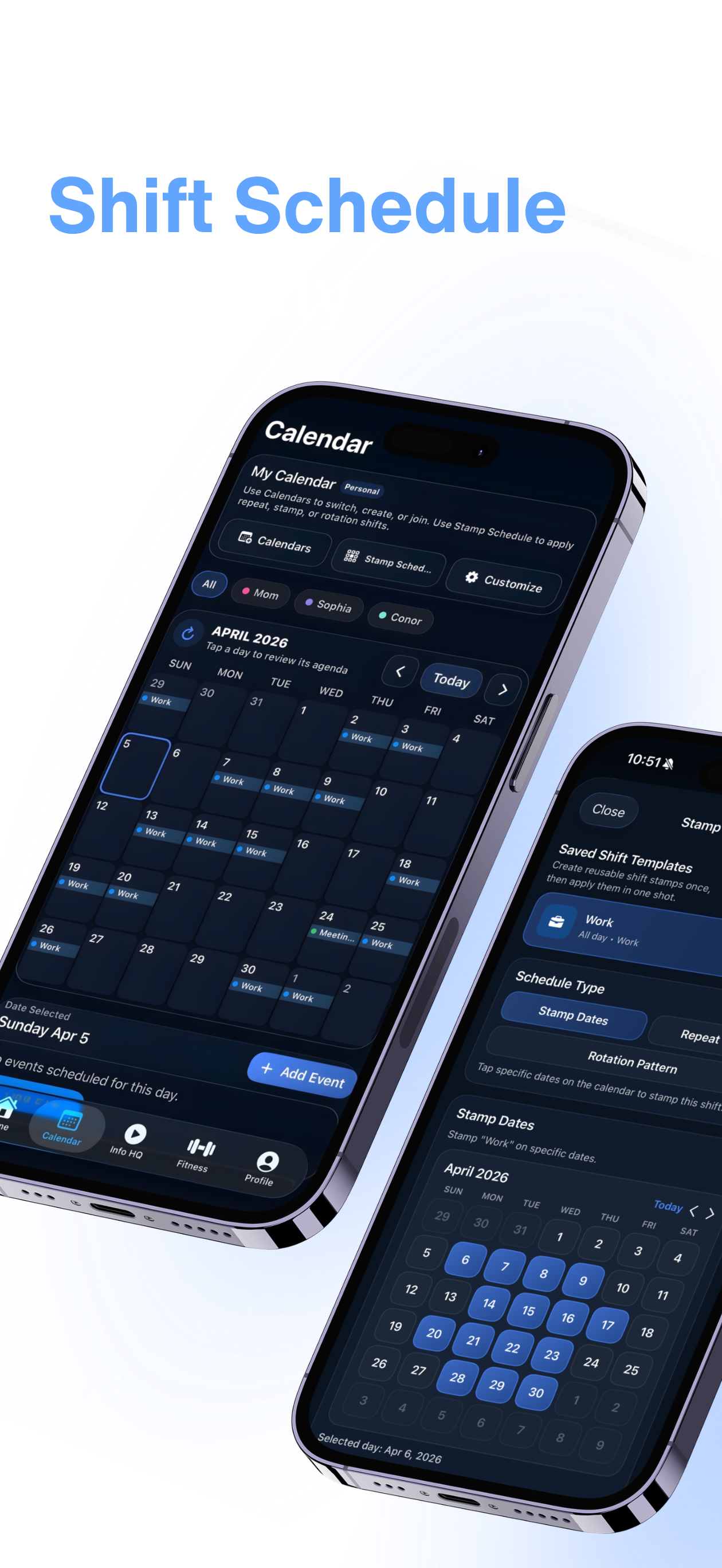 Smartphone screens displaying a digital calendar app with scheduled work events for April 2026, including options for creating reusable shift templates and customizing schedules.