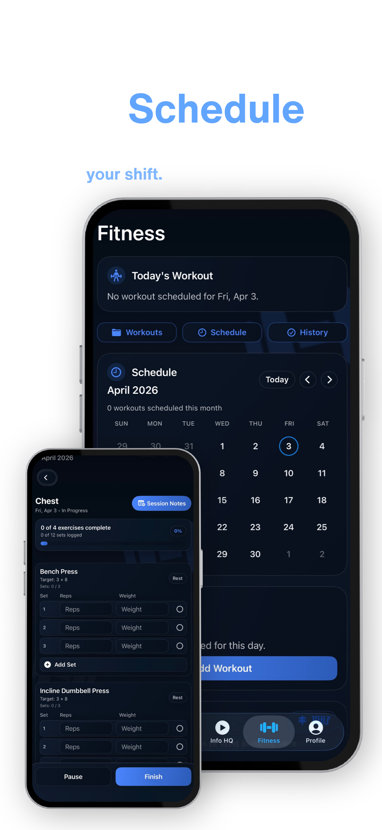 A digital fitness app displayed on two mobile screens, showing workout schedules, session notes, and exercise details with a dark blue background and white text.
