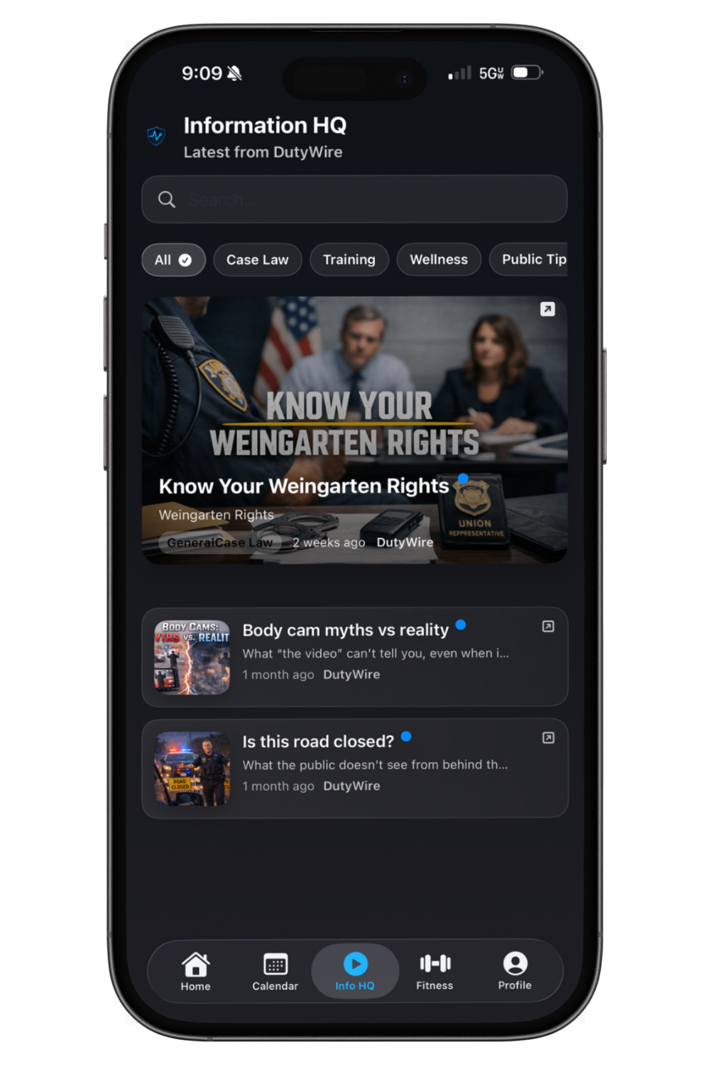 Smartphone screen displaying a news app with headlines about law enforcement, including 'Know Your Weingarten Rights' and other articles related to police practices.