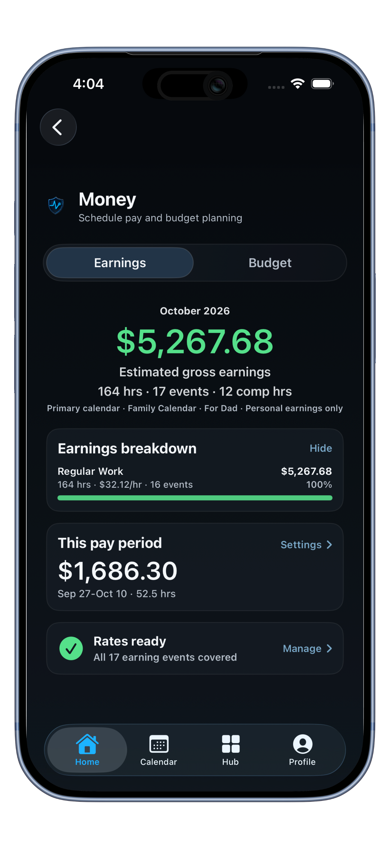 DutyWire Money screen showing estimated earnings