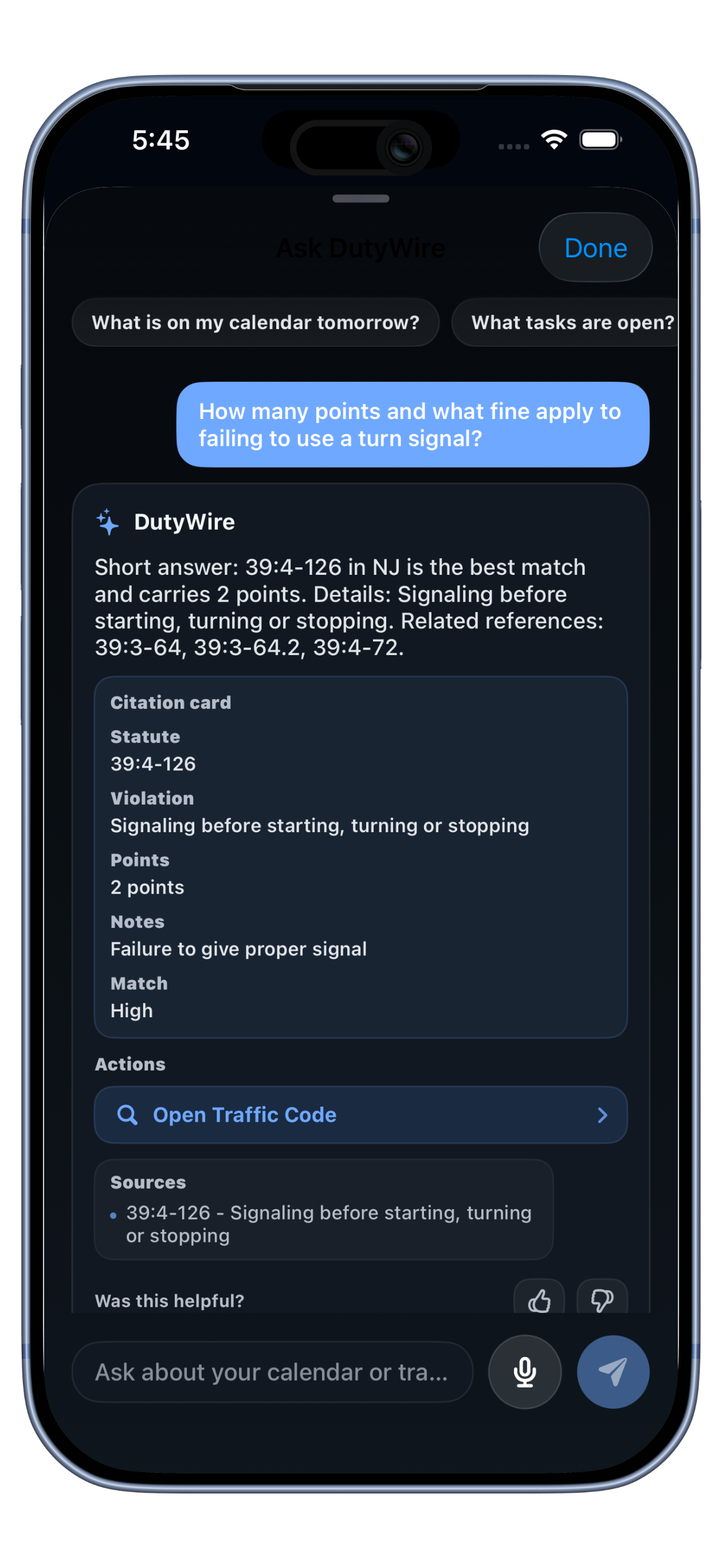 Ask DutyWire conversation about a traffic code question