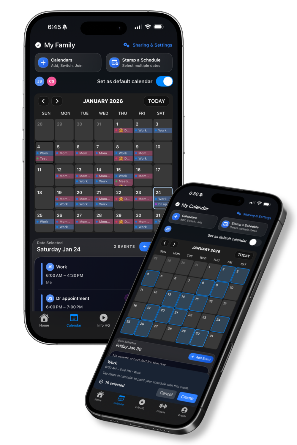 Two smartphones displaying calendar apps with scheduled events in January 2026, showing multiple appointments and a calendar grid.