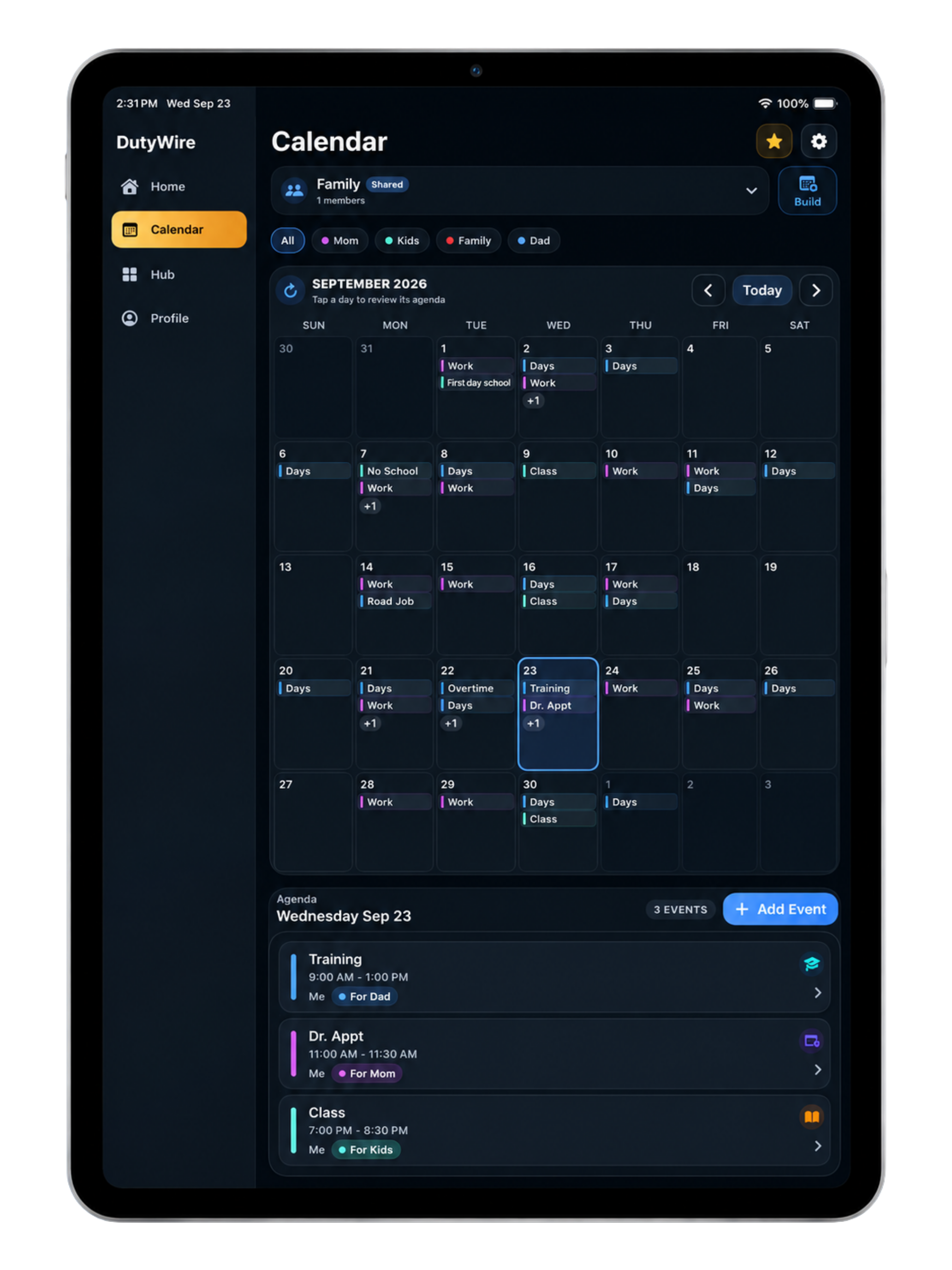 DutyWire calendar on iPad