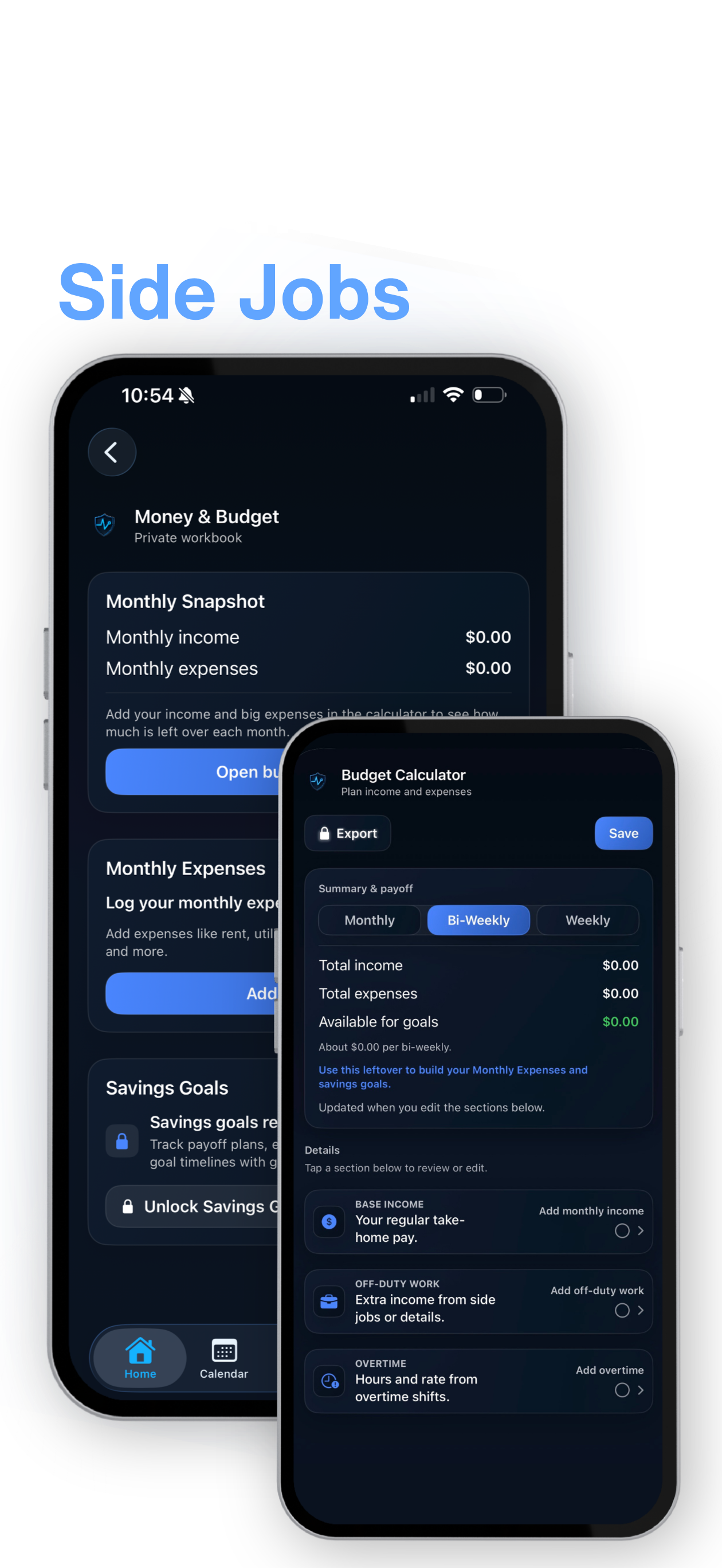 Screenshot of a mobile app displaying financial planning tools including a Monthly Snapshot, Budget Calculator, and Savings Goals on a smartphone screen. The background features abstract design elements and the text 'Side Jobs' partially visible at the top.