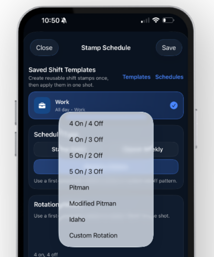 Smartphone screen displaying a scheduling app for shift templates with options for different schedules and rotations.