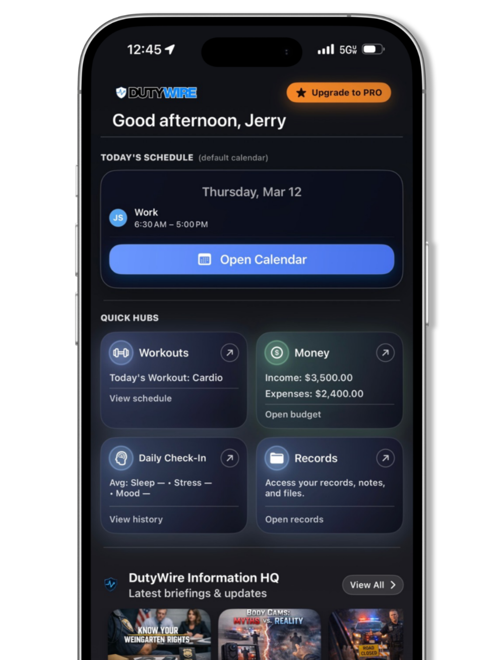 Smartphone screen showing the DutyWire app with a greeting to Jerry, today's schedule, quick access buttons for workouts, money, daily check-in, and records, and news updates at the bottom.