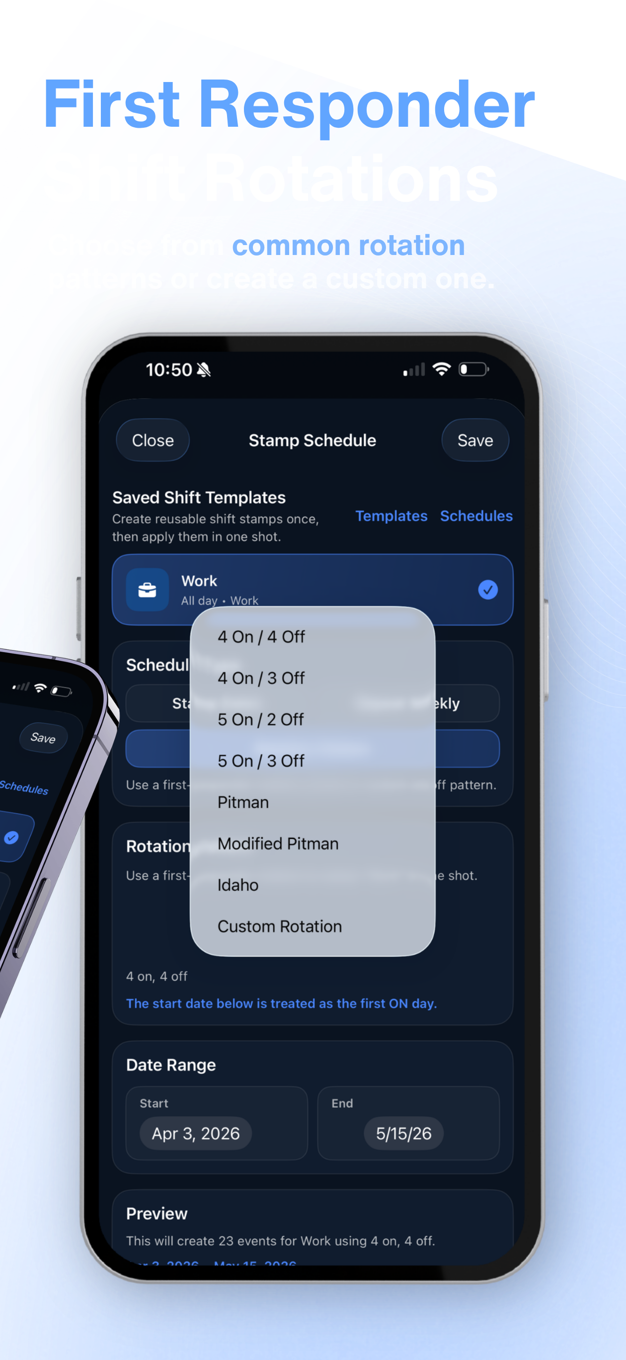 A smartphone screen showing an app interface for setting shift rotation schedules with options such as 4 On / 4 Off, 4 On / 3 Off, 5 On / 2 Off, 5 On / 3 Off, and custom rotation, along with date range and preview details.