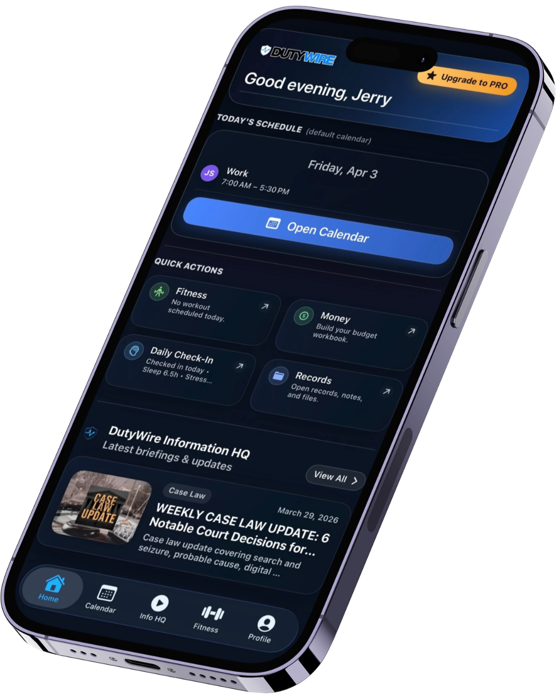 Smartphone displaying DutyWire app with schedule, quick actions, and news updates.