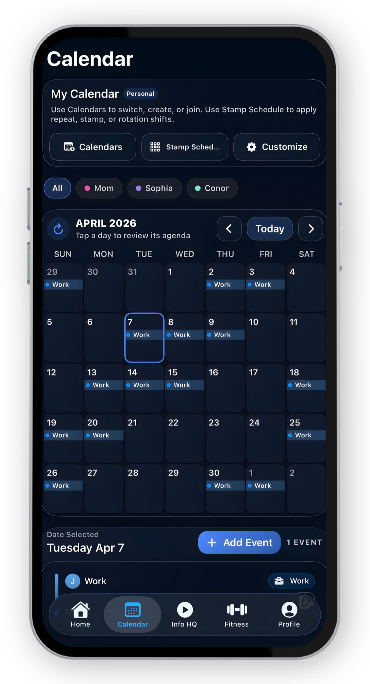 A smartphone displaying a digital calendar for April 2026 with scheduled work events on multiple days, navigation options, and menu icons at the bottom.