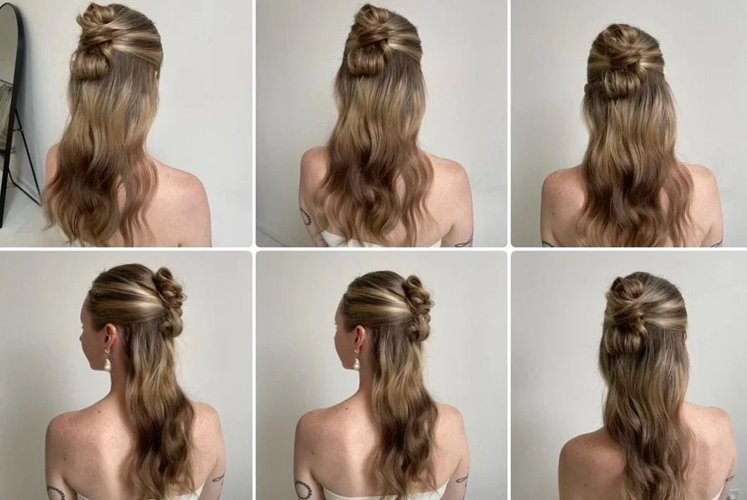 Six images of a woman with long wavy hair, styled in various updos and half-up hairstyles, photographed from the back and side angles.