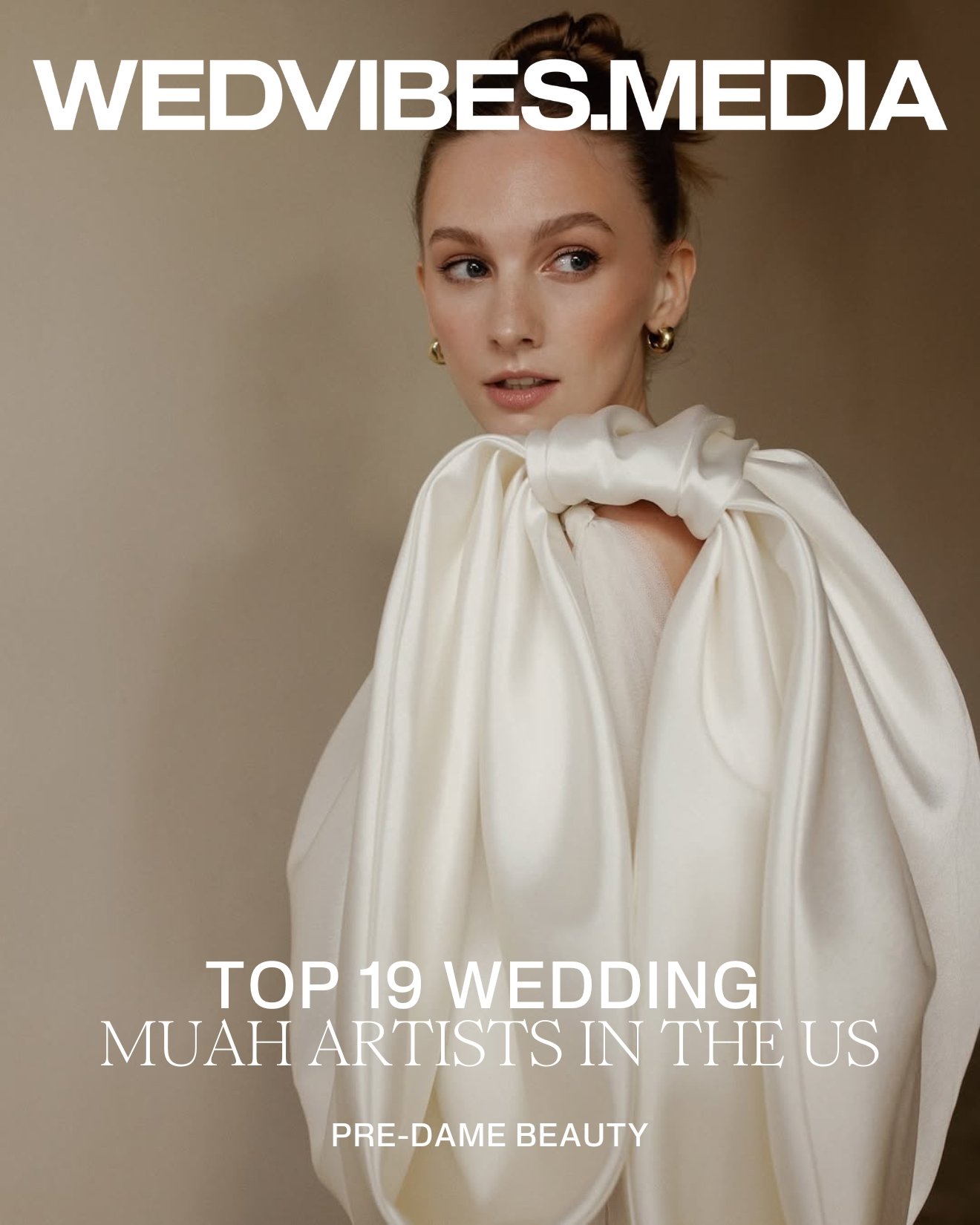 A woman with fair skin, red hair, and gold earrings wearing a white, satin-like dress with puffed sleeves and large bow details, looking over her shoulder against a neutral background.