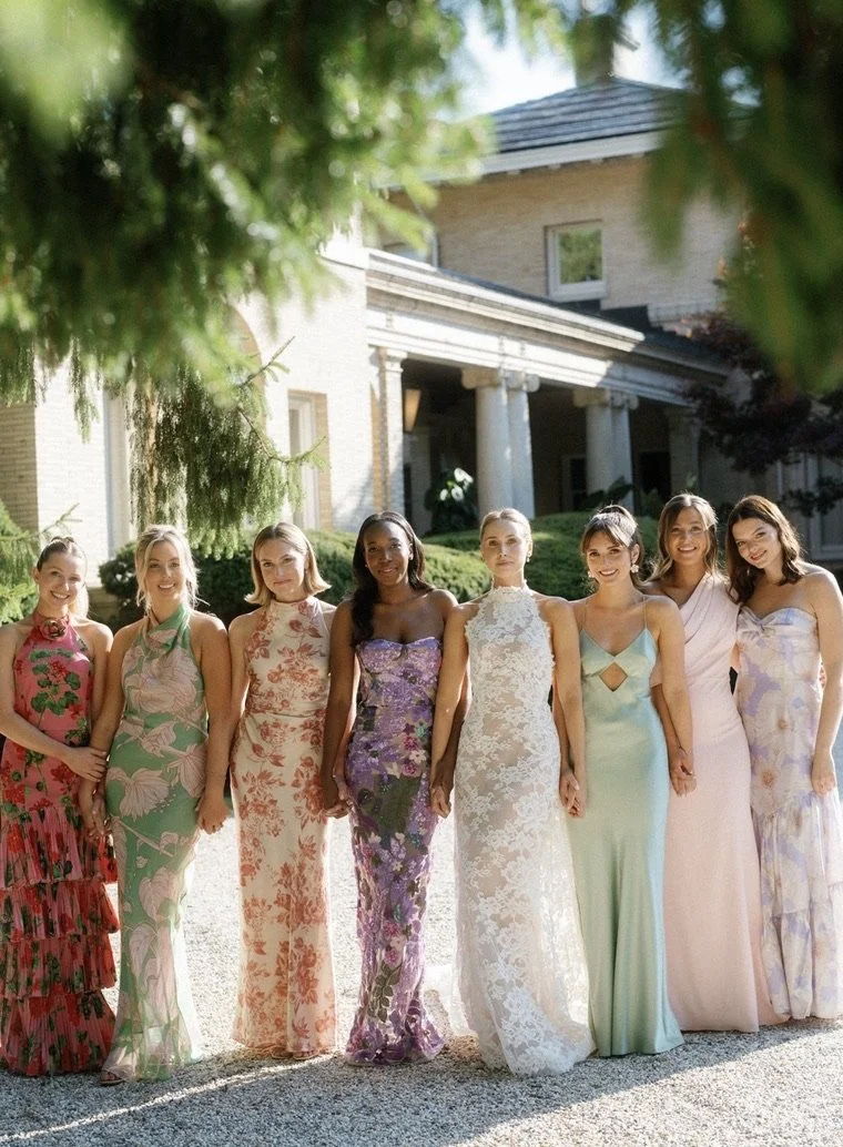 Group of women in colorful dresses standing outdoors in front of a large house with columns, trees, and greenery.