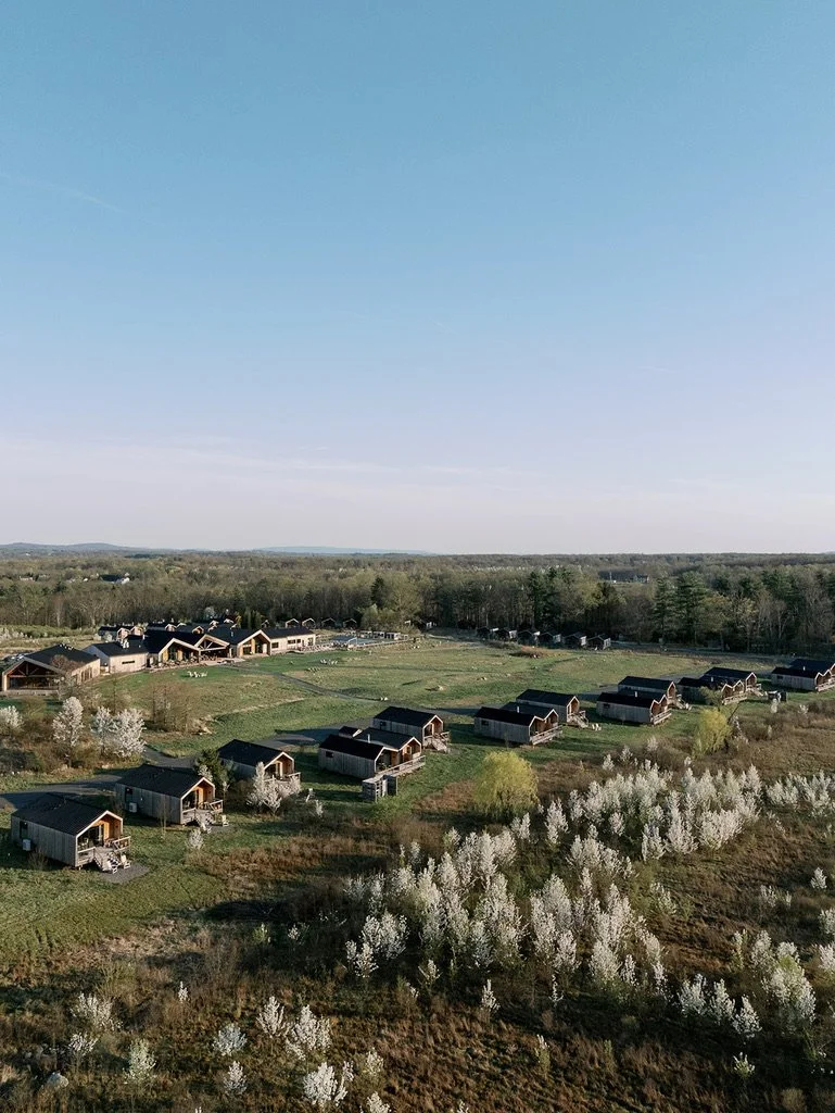 Aerial view of a rural area with multiple small houses and white flowering trees, surrounded by open fields and forested areas under a clear blue sky.