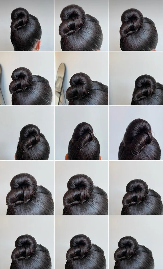 A collage of 15 images showing a woman's dark hair styled into a bun from various angles and lighting, with a light background and a mirror visible in some images.