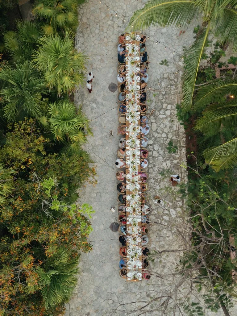 Overhead view of a long table with many people dining outdoors surrounded by lush green trees and palm trees.