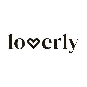 The word 'lovely' written in black with a heart shape replacing the letter 'v'.