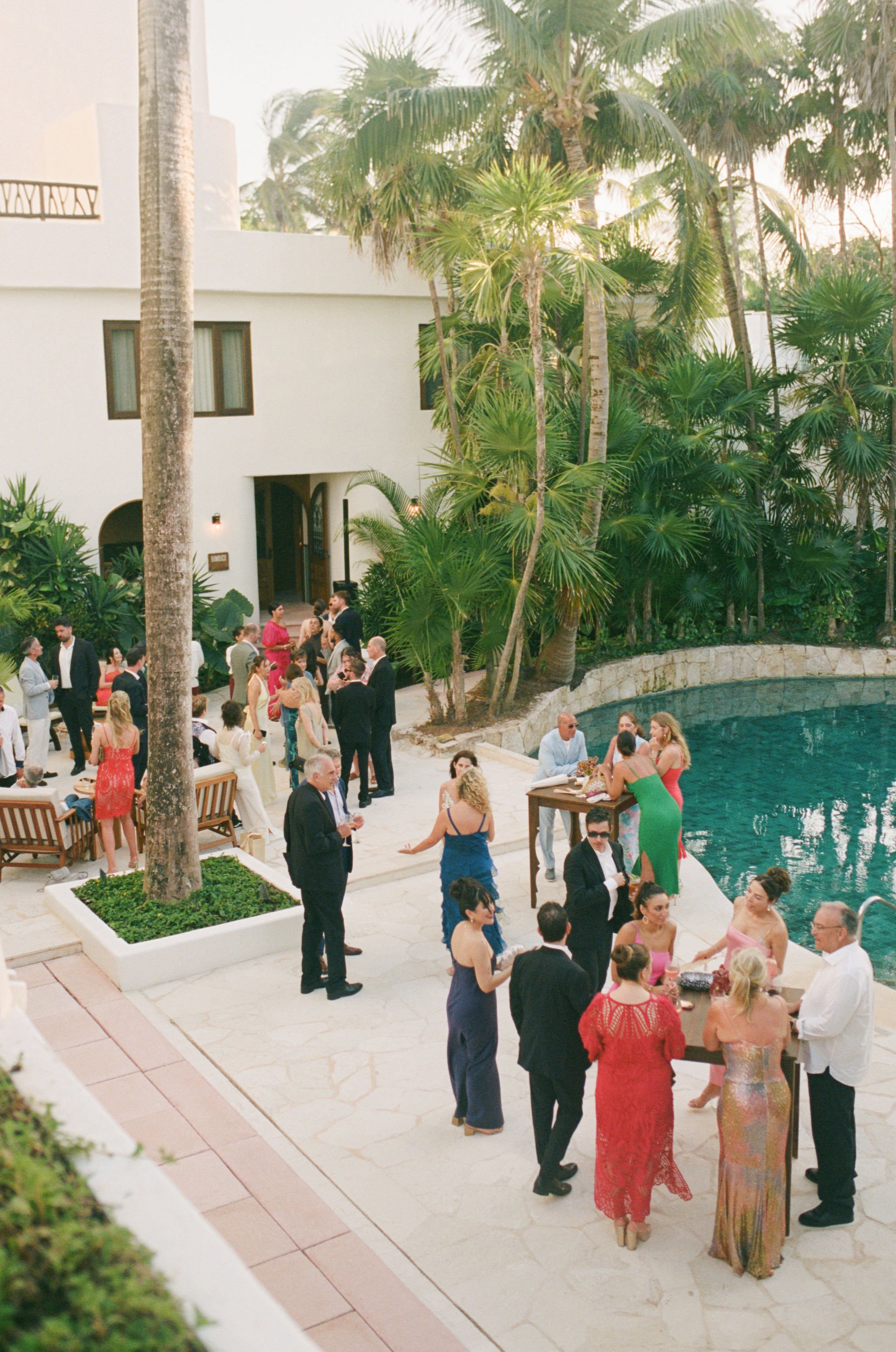 People gathering at a poolside party with tropical trees, a white building, and relaxed atmosphere.
