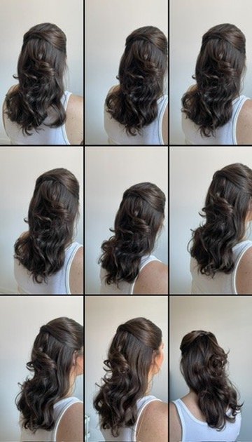 Collage of nine images showing the progression of a woman's hairstyle from straight to curly using a curling iron or hot tools.
