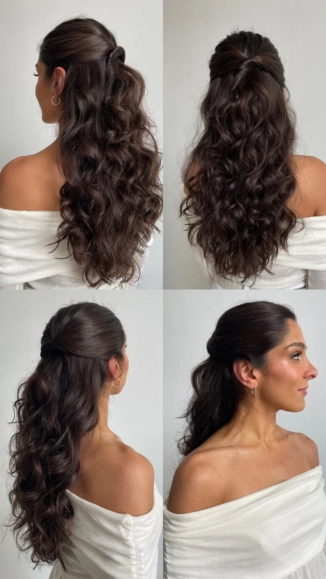 A woman with long, curly, dark brown hair shown from different angles, including a close-up of her hairstyle with half-up styling, and a profile view where her hair is swept back. She wears a white off-the-shoulder top and gold hoop earrings.