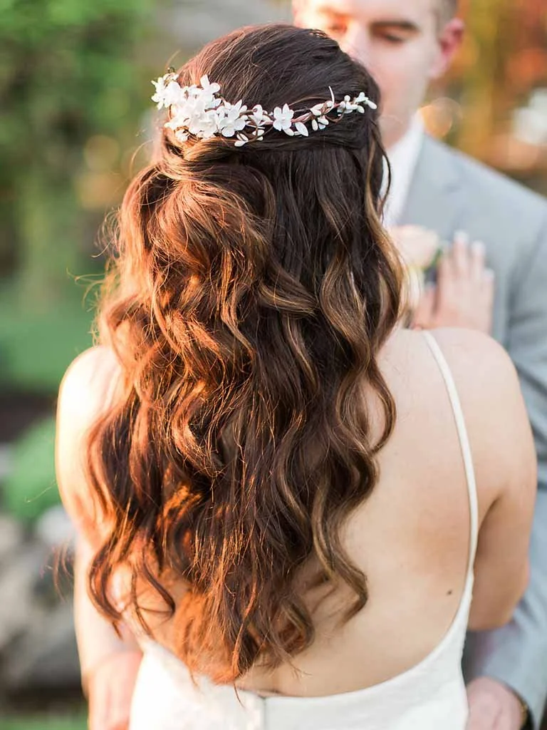 Bride with cascading waves with jewel headpiece - Wedding hair done by Terri Reece Studios