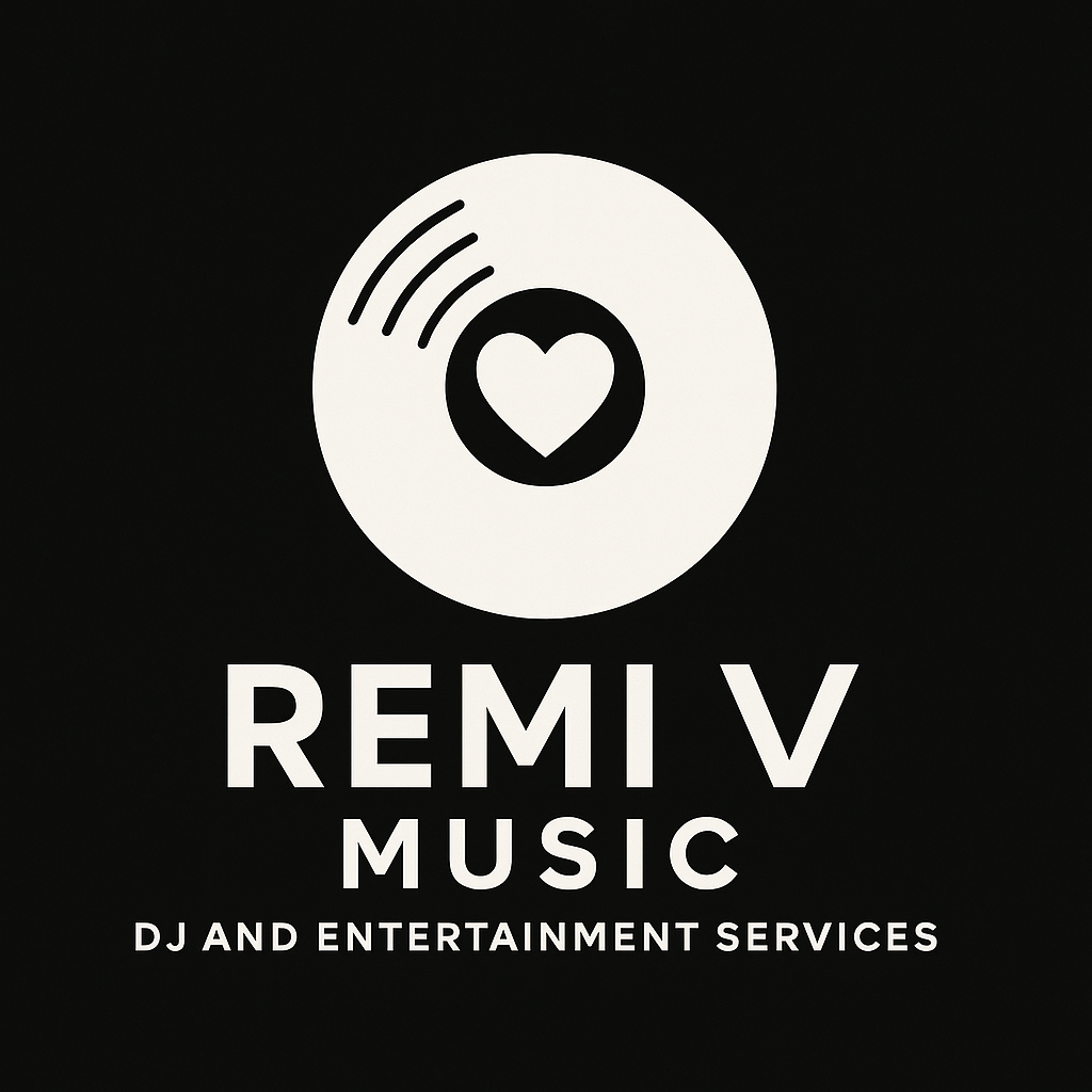 Logo for REMI V Music with a black background, a white circular icon with a heart inside, and text stating 'REMI V MUSIC DJ AND ENTERTAINMENT SERVICES'.