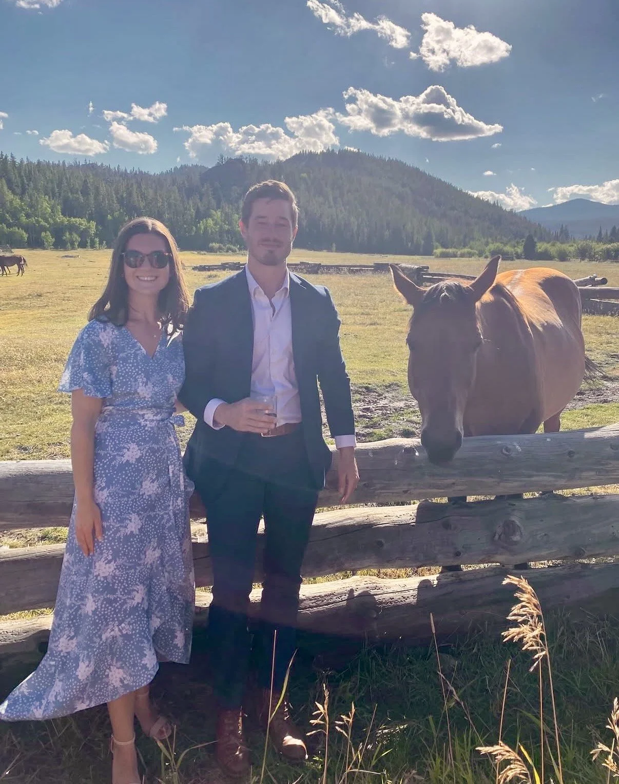 A man and woman standing near a wooden fence with a brown horse behind it in a grassy field, mountains and blue sky with clouds in the background.