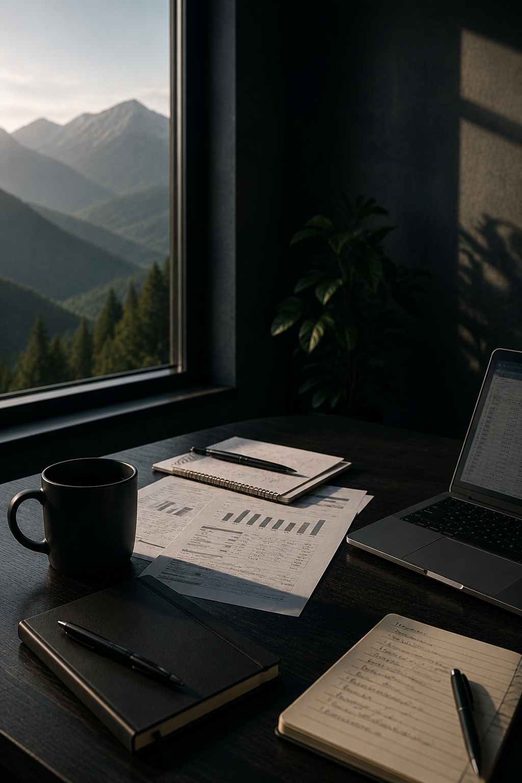 Professional acquisition advisory workspace with financial analysis, laptop, and mountain view for Northlight Legacy Partners.