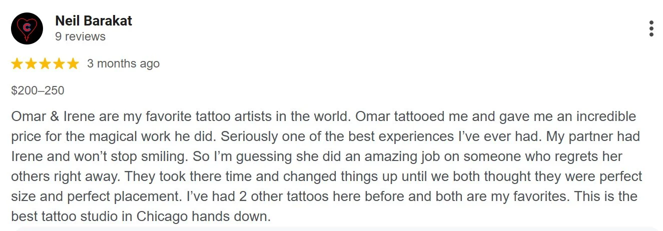Screenshot of a Google review for a tattoo studio with a 5-star rating, written by Neil Barakat praising tattoo artists Omar and Irene, mentioning their work and experience.