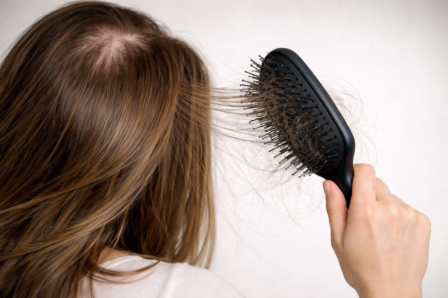 back of woman's head with brown hair holding a brush showing thinning hair
