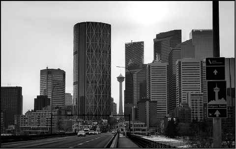 lack and white image of calgary alberta skyline