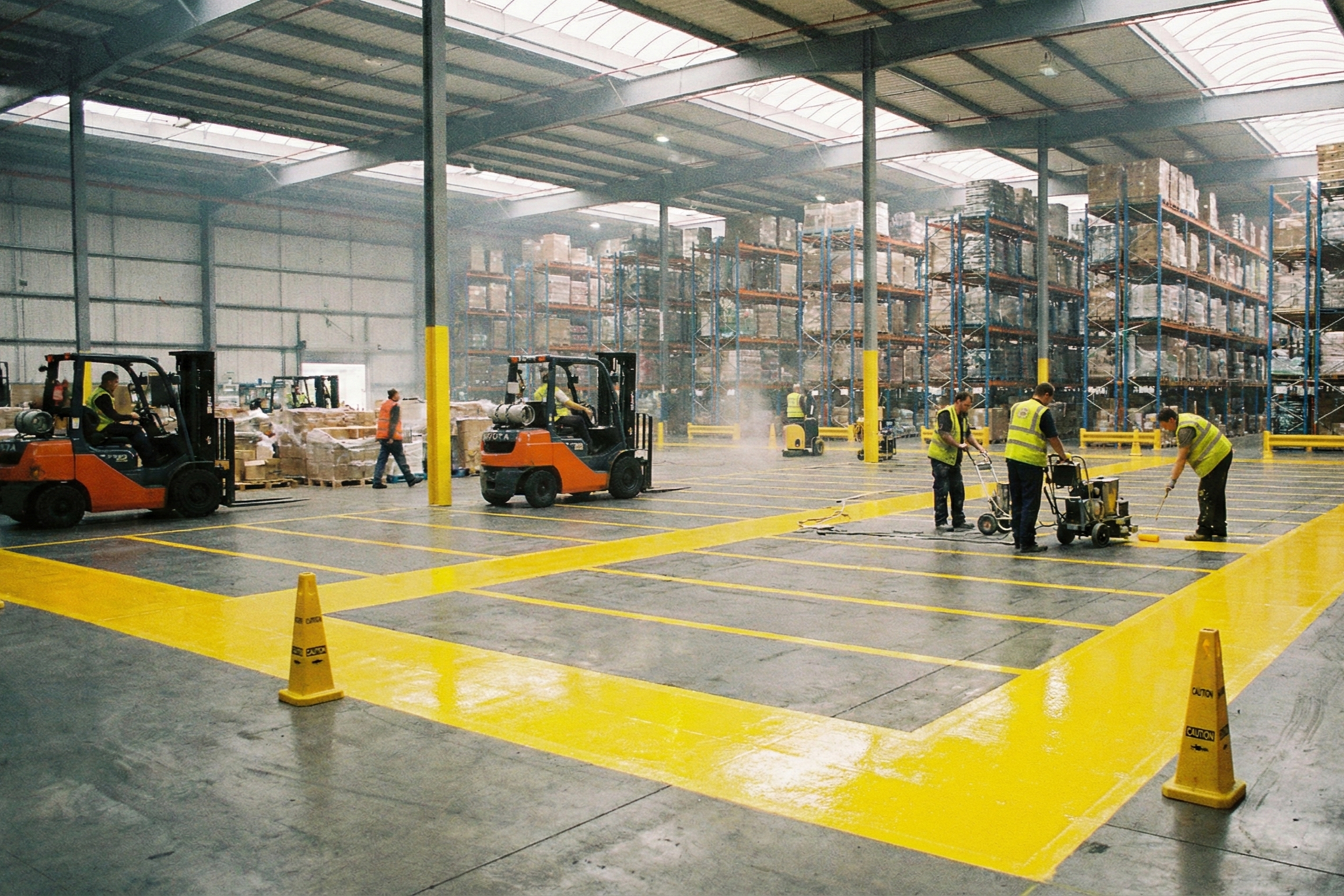 Vue intérieure d'un entrepôt avec des chariots élévateurs orange transportant des palettes, des ouvriers en gilets jaunes peignant la ligne de stationnement, et de grandes étagères remplies de marchandises.