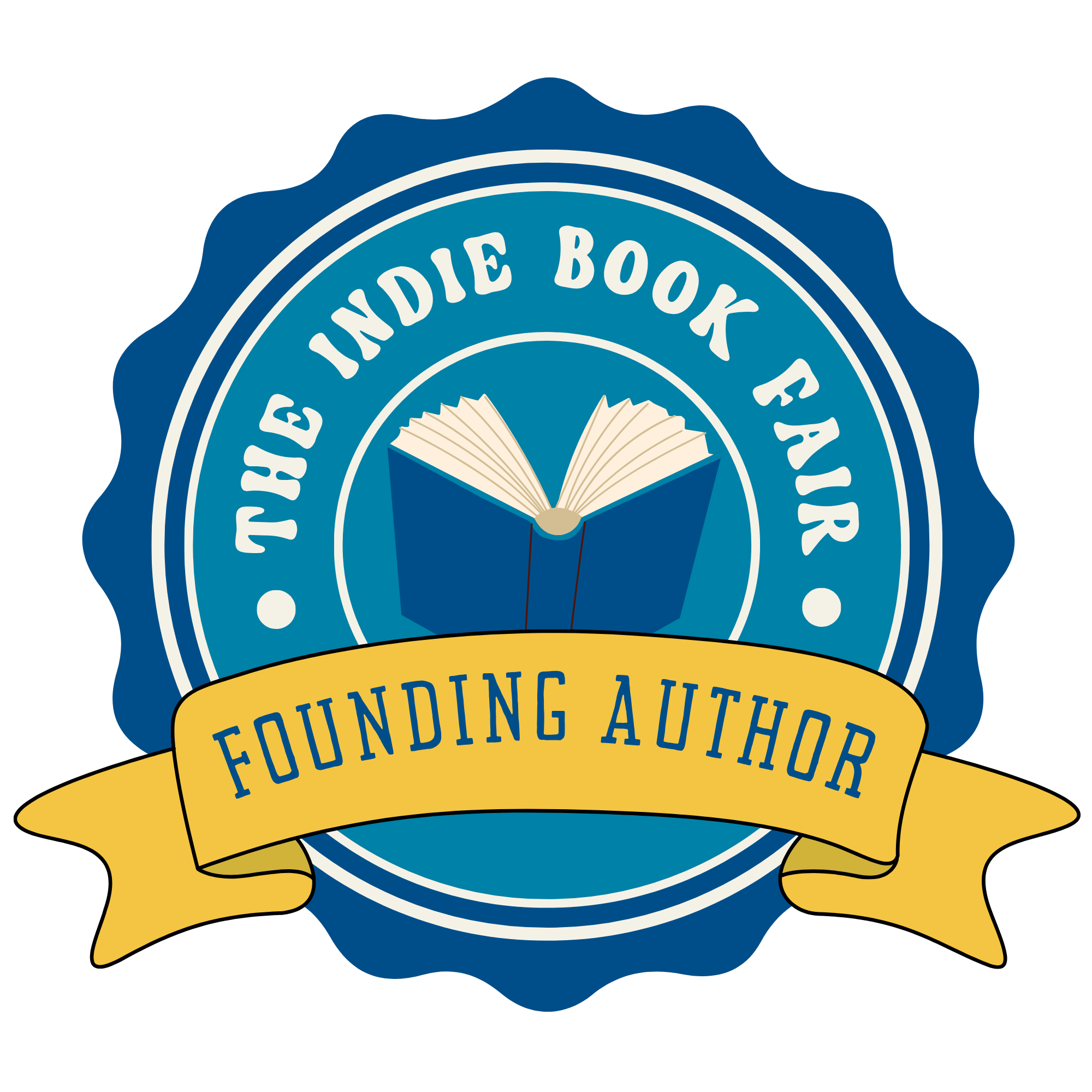 A badge with a blue background and white text that reads 'The Indie Author Book Fair' and a yellow ribbon banner with blue text that reads 'Founding Author'.
