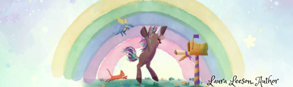 A brown unicorn celebrates the arrival of a letter in front of her mailbox with a rainbow in the background.